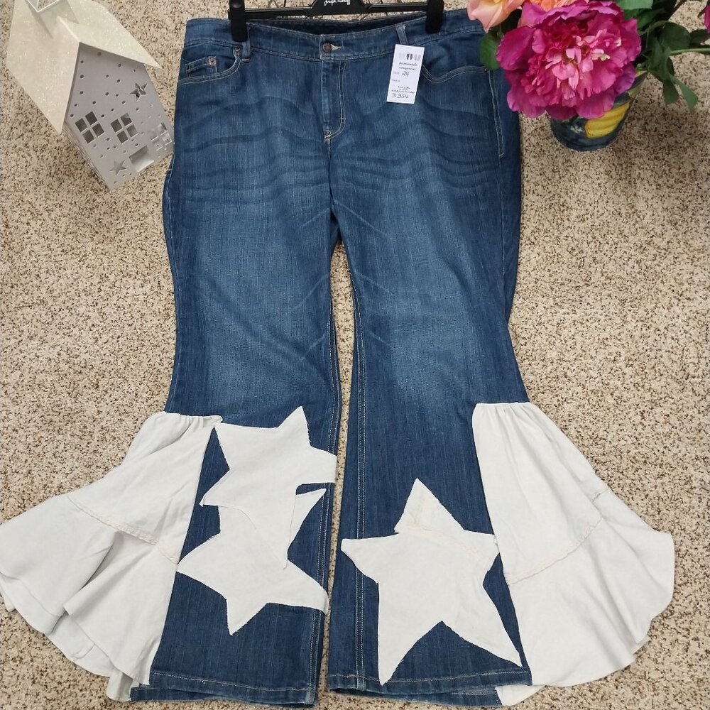 3354 Size 24 Old Navy Upcycled Bell Bottoms With Linen Stars and Bells.